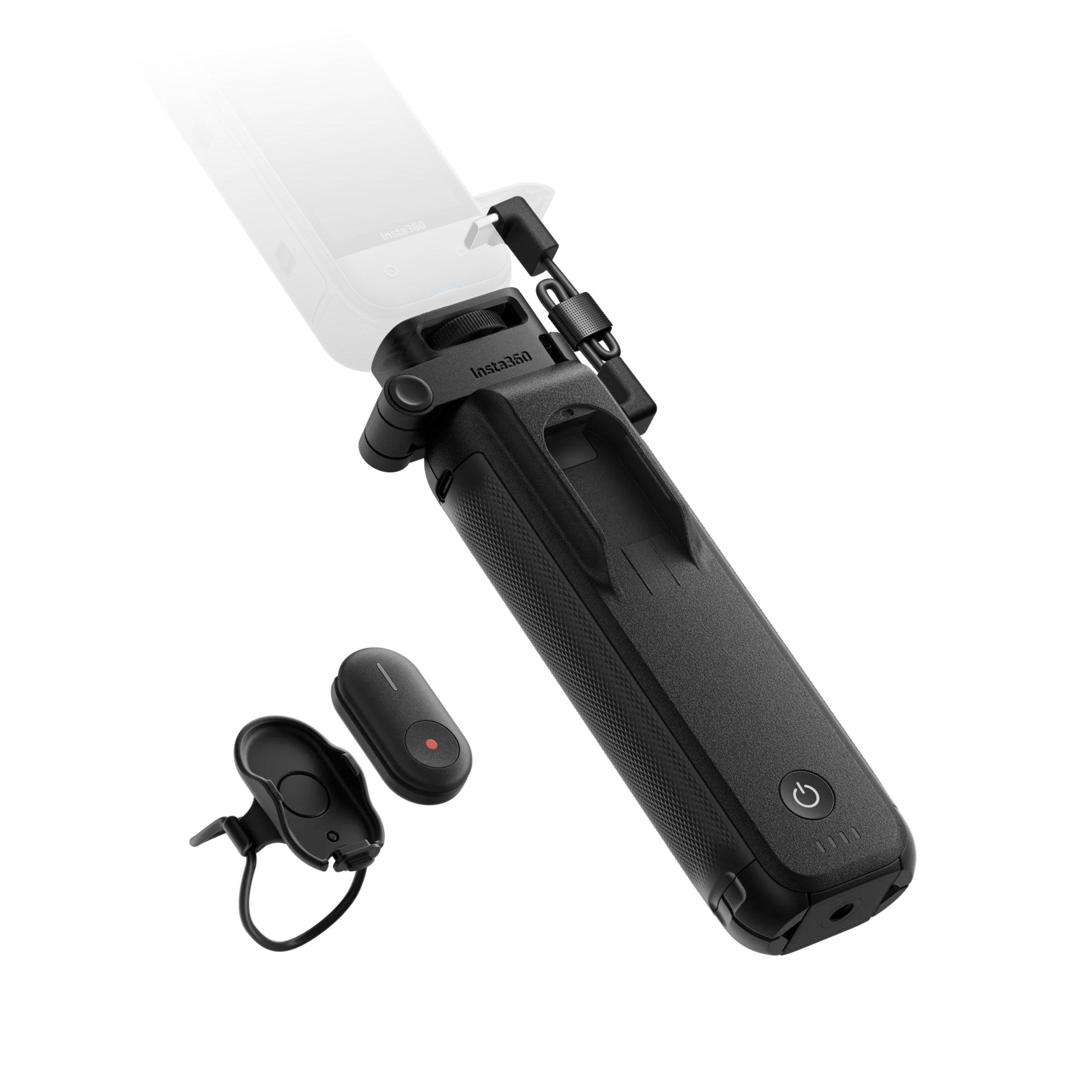 Insta360 FOMO Power Handle with built-in 6100mAh battery, foldable design, detachable mini remote, and lens protection for extended 360° camera recording.