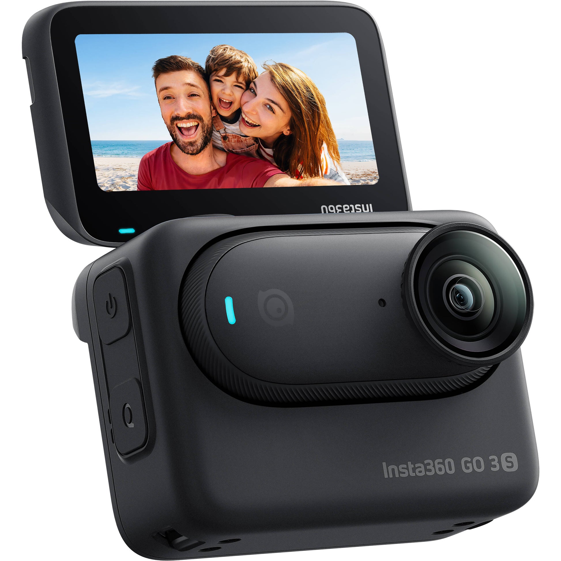 Insta360 GO 3S action camera in black, featuring a compact design with a flip-out touchscreen Action Pod, magnetic mounting system, and a wide-angle lens for 4K video recording.