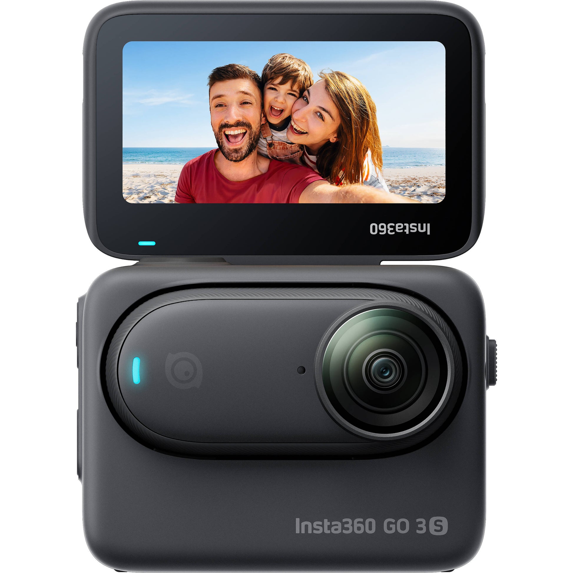 Insta360 GO 3S action camera in black, featuring a compact design with a flip-out touchscreen Action Pod, magnetic mounting system, and a wide-angle lens for 4K video recording.
