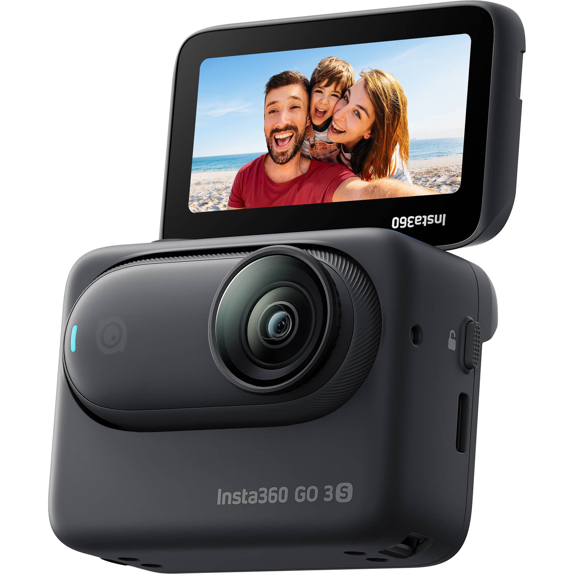 Insta360 GO 3S action camera in black, featuring a compact design with a flip-out touchscreen Action Pod, magnetic mounting system, and a wide-angle lens for 4K video recording.