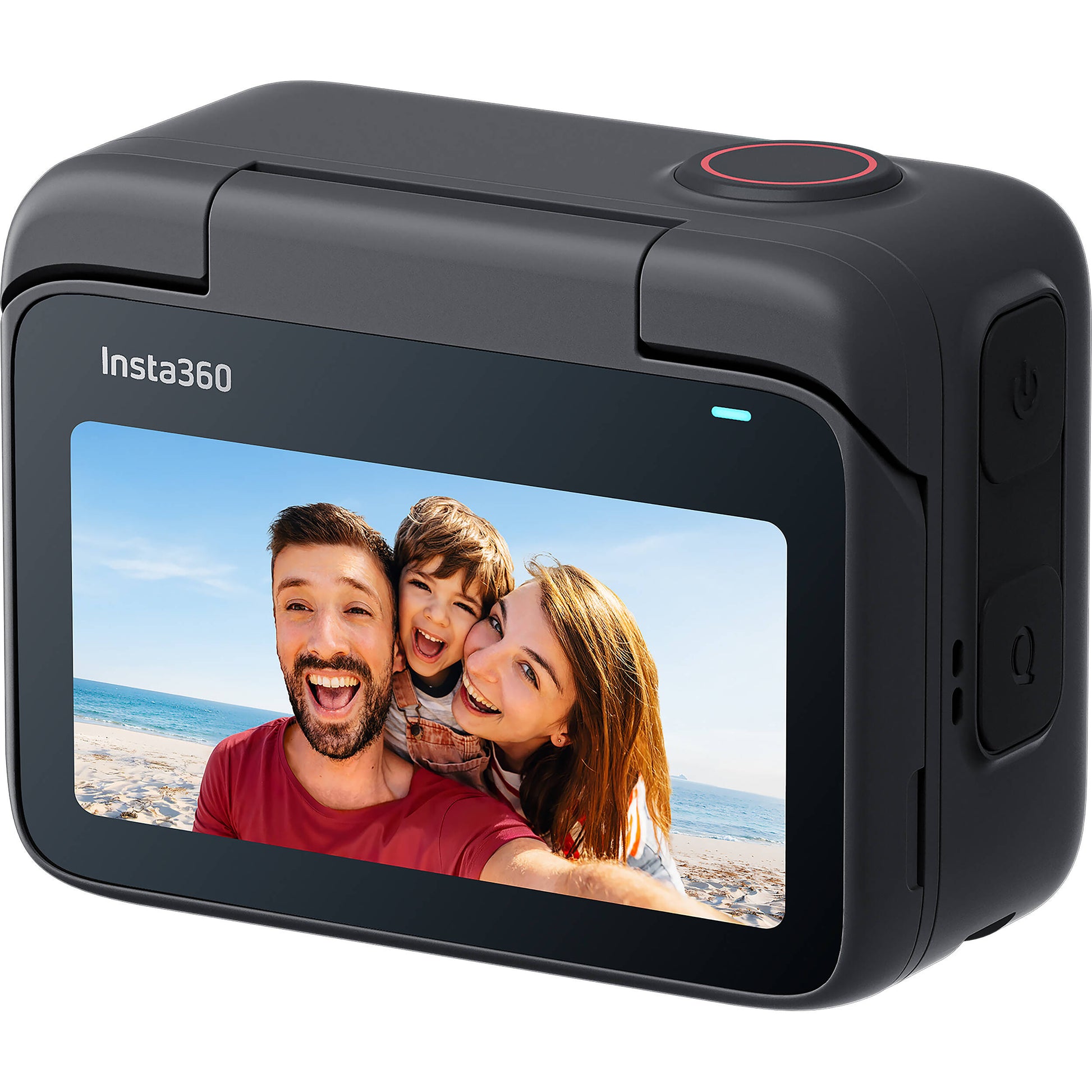 Insta360 GO 3S action camera in black, featuring a compact design with a flip-out touchscreen Action Pod, magnetic mounting system, and a wide-angle lens for 4K video recording.