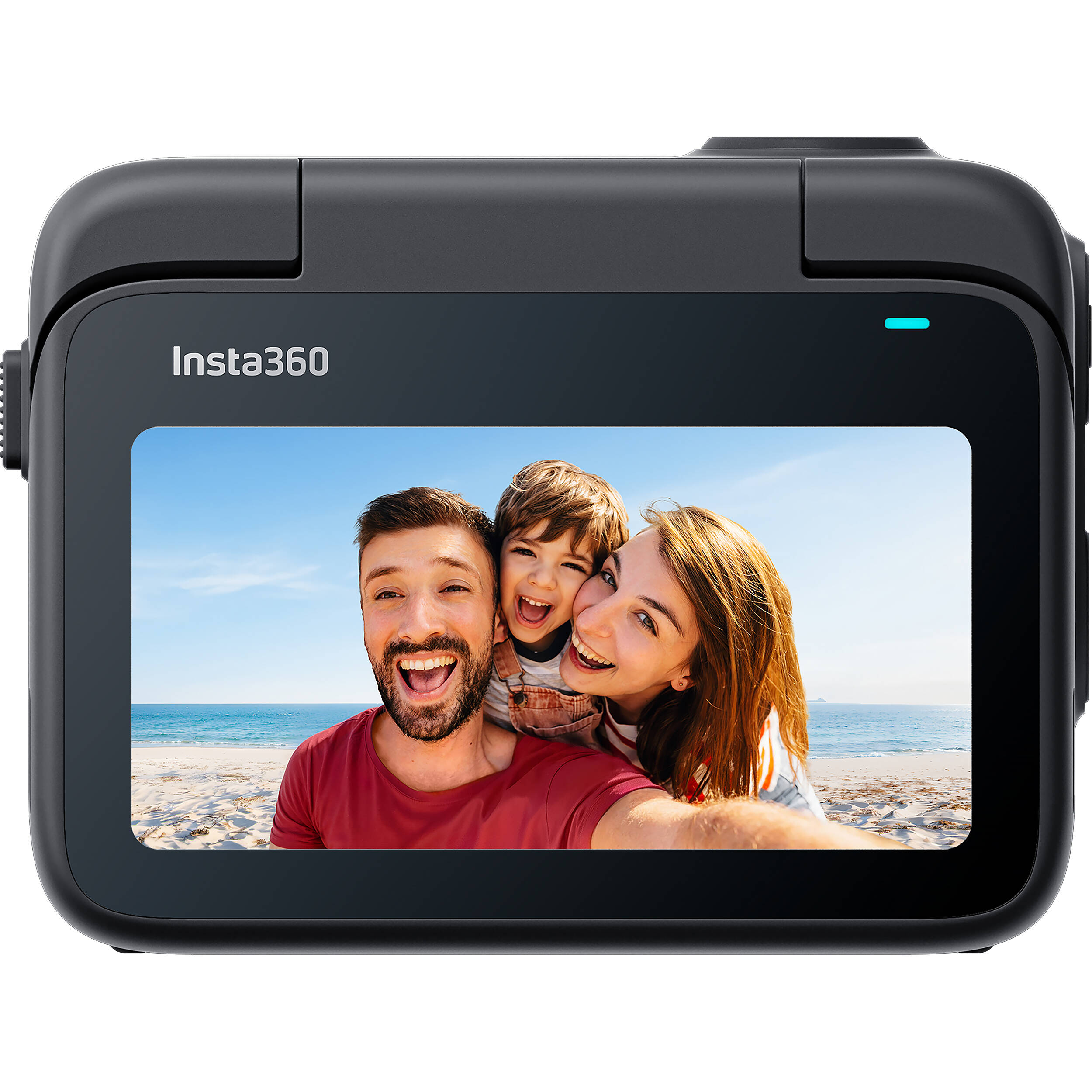 Insta360 GO 3S action camera in black, featuring a compact design with a flip-out touchscreen Action Pod, magnetic mounting system, and a wide-angle lens for 4K video recording.
