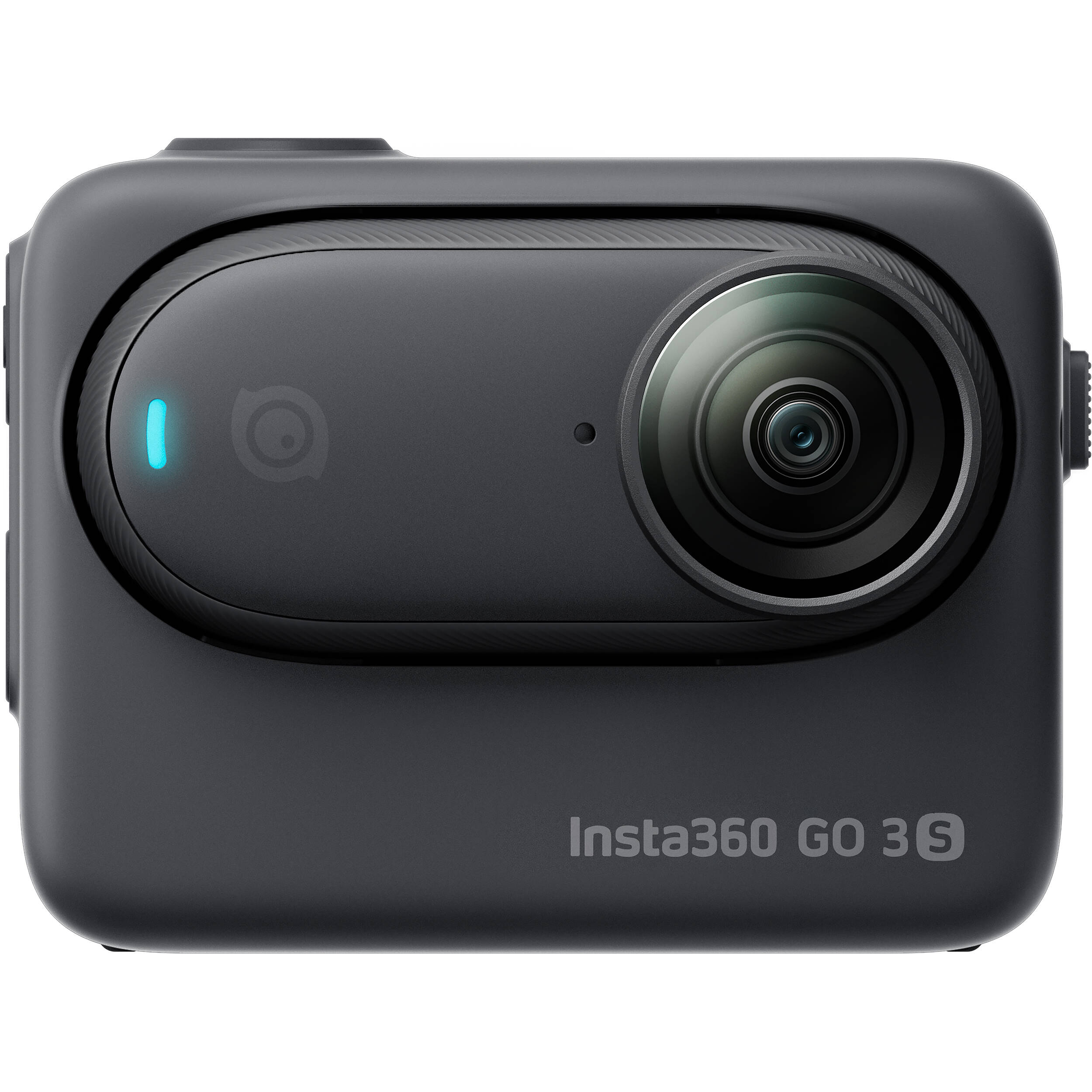 Insta360 GO 3S action camera in black, featuring a compact design with a flip-out touchscreen Action Pod, magnetic mounting system, and a wide-angle lens for 4K video recording.