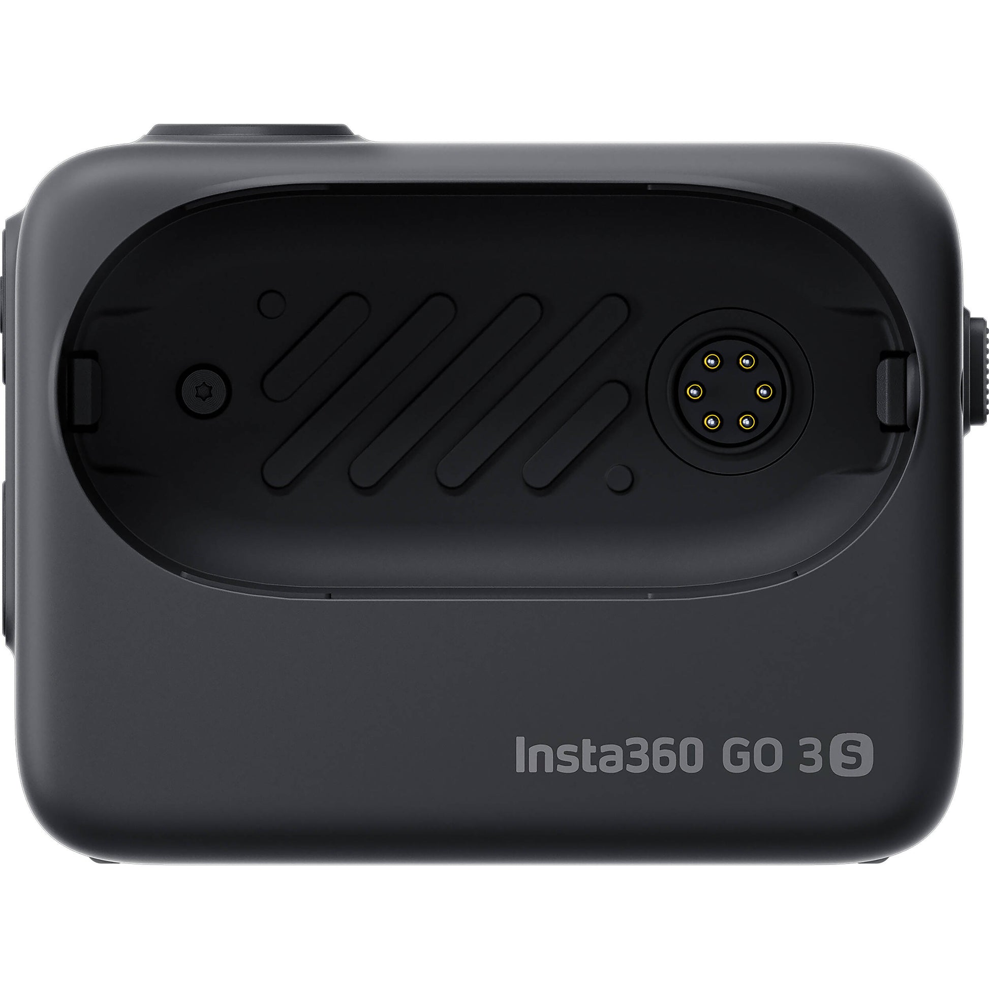 Insta360 GO 3S action camera in black, featuring a compact design with a flip-out touchscreen Action Pod, magnetic mounting system, and a wide-angle lens for 4K video recording.