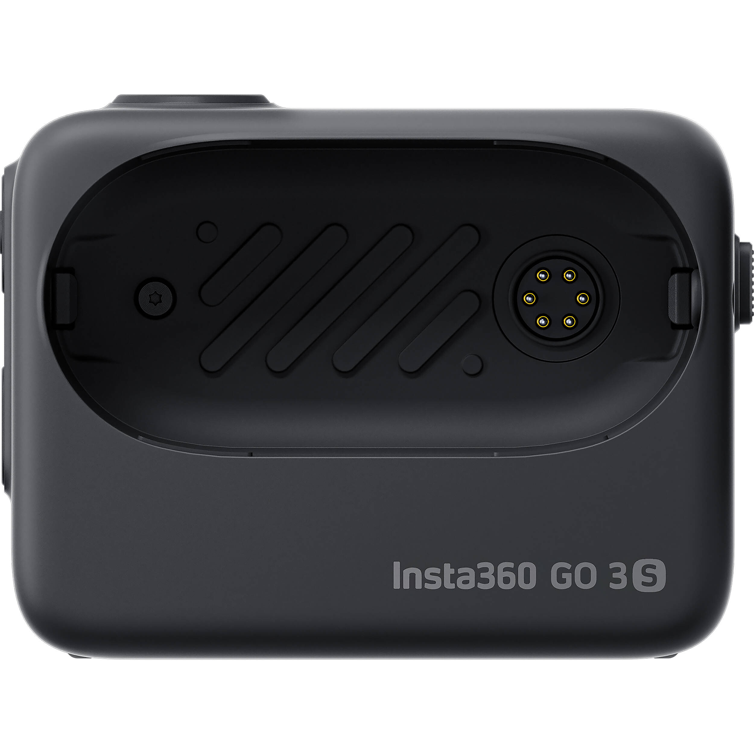 Insta360 GO 3S action camera in black, featuring a compact design with a flip-out touchscreen Action Pod, magnetic mounting system, and a wide-angle lens for 4K video recording.