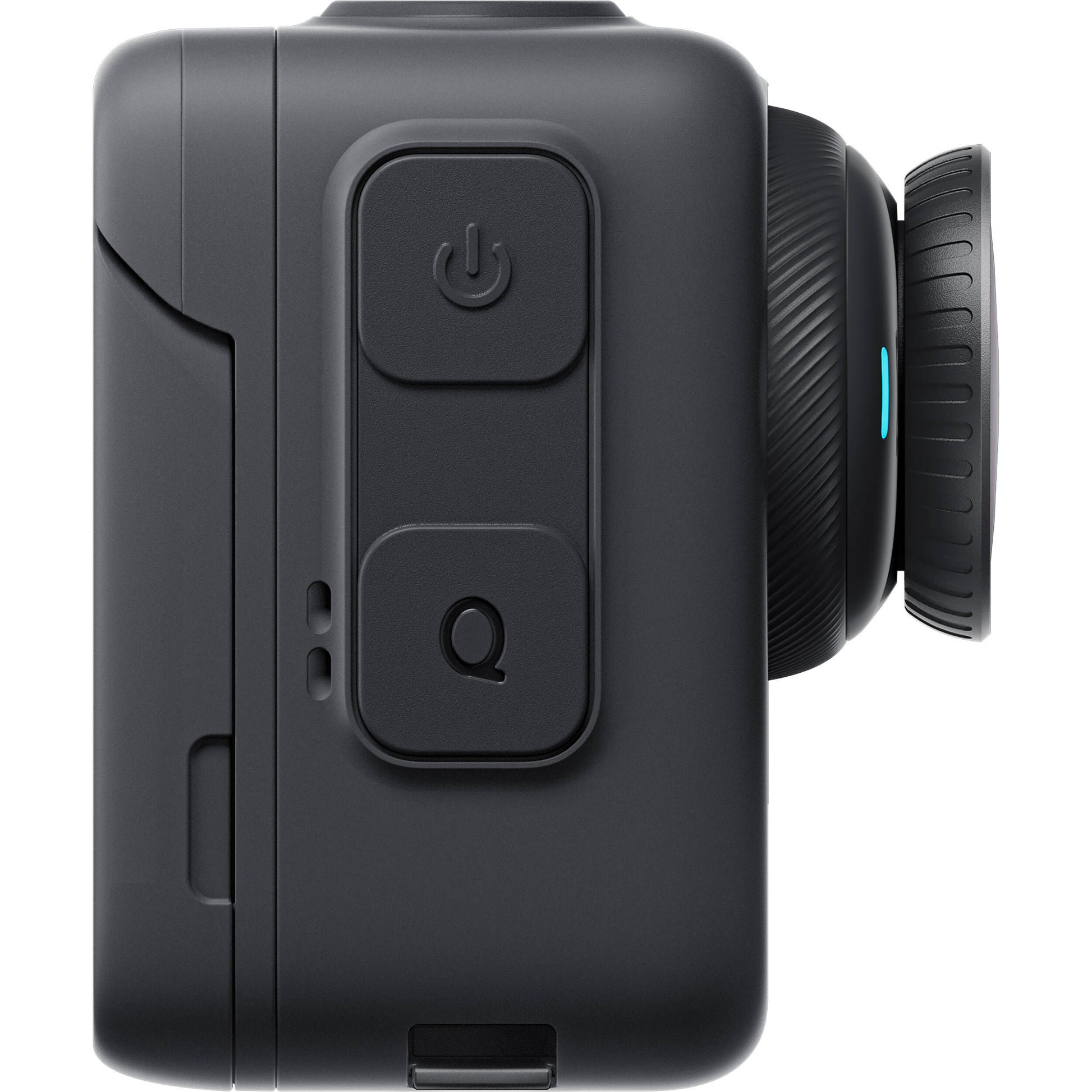 Insta360 GO 3S action camera in black, featuring a compact design with a flip-out touchscreen Action Pod, magnetic mounting system, and a wide-angle lens for 4K video recording.