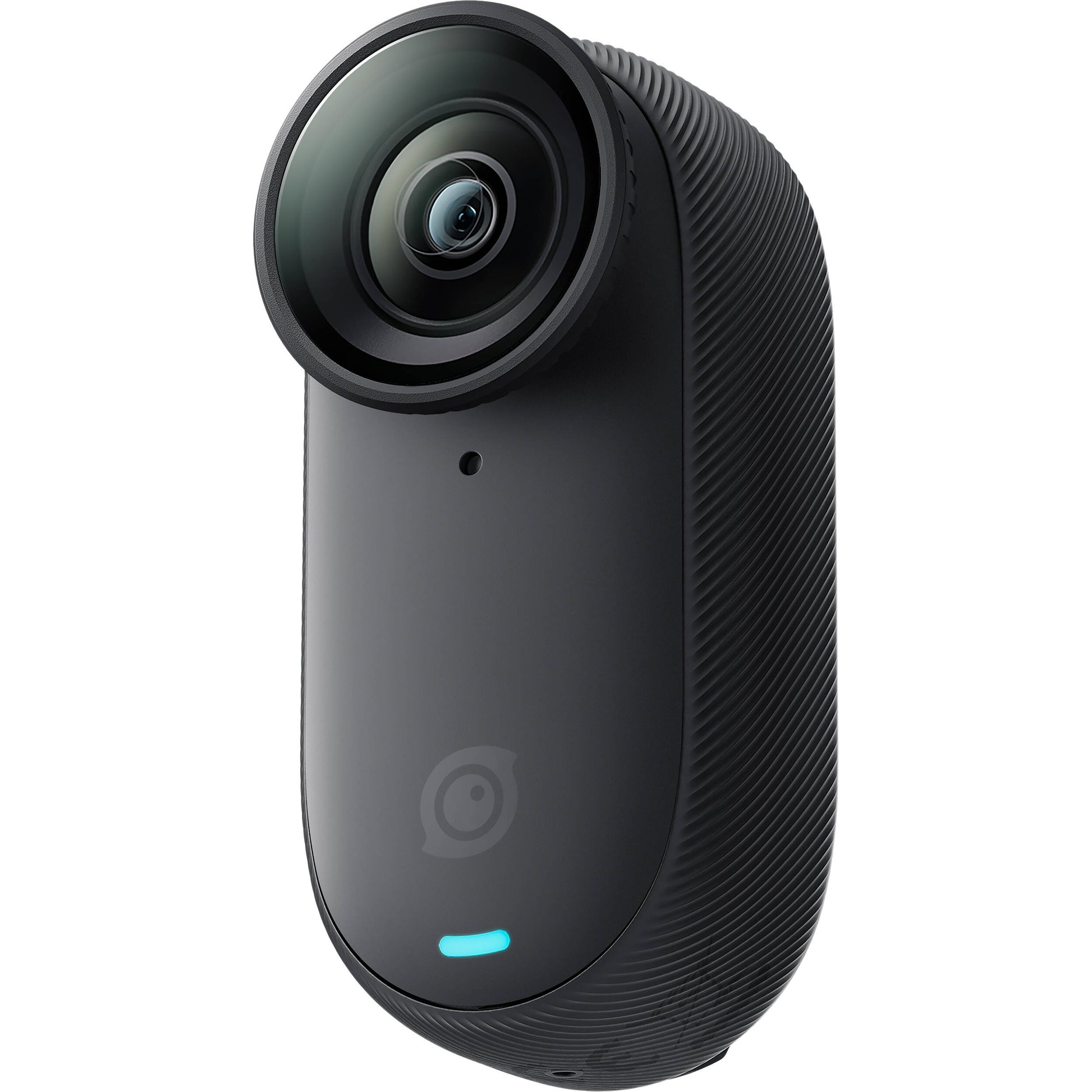 Insta360 GO 3S action camera in black, featuring a compact design with a flip-out touchscreen Action Pod, magnetic mounting system, and a wide-angle lens for 4K video recording.