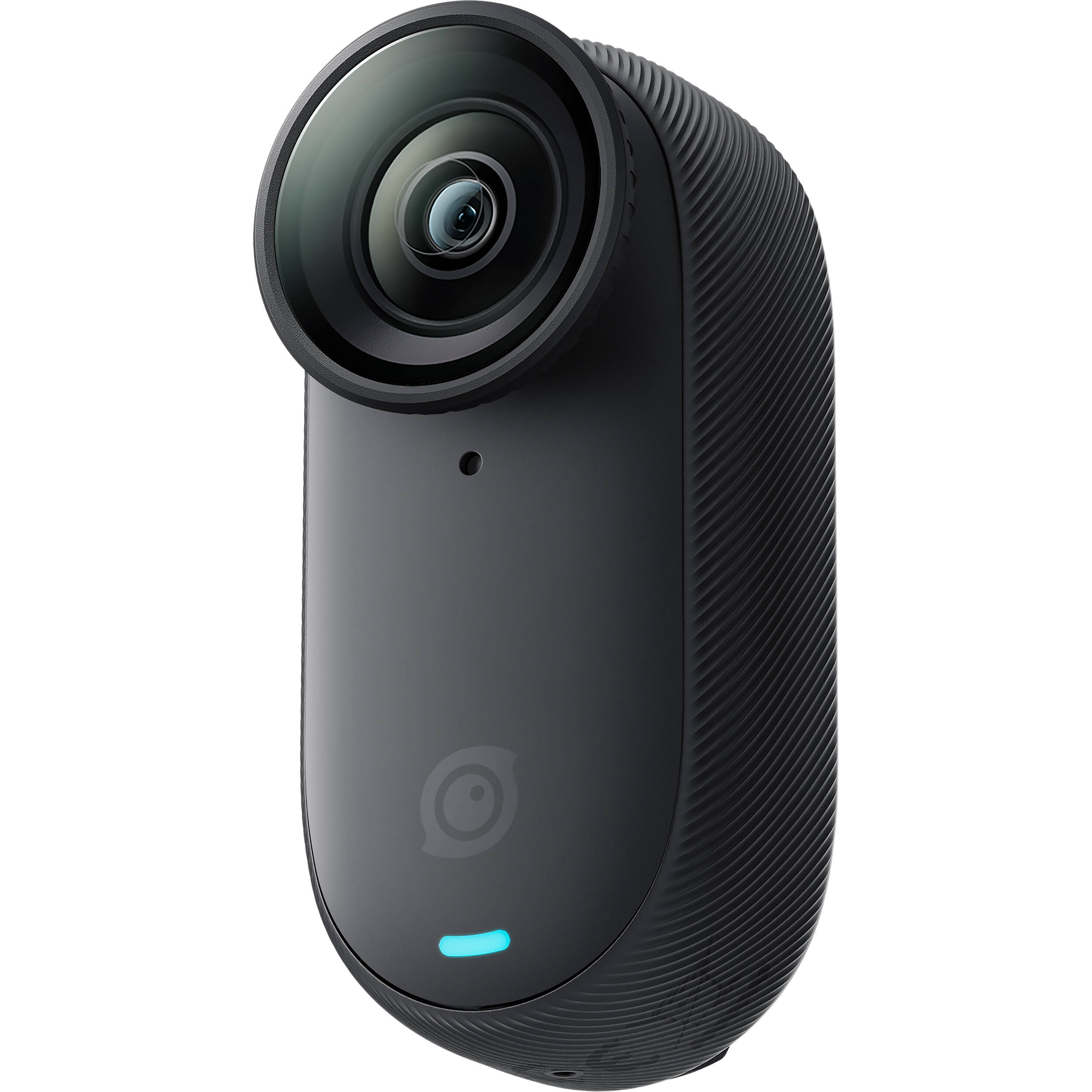Insta360 GO 3S action camera in black, featuring a compact design with a flip-out touchscreen Action Pod, magnetic mounting system, and a wide-angle lens for 4K video recording.