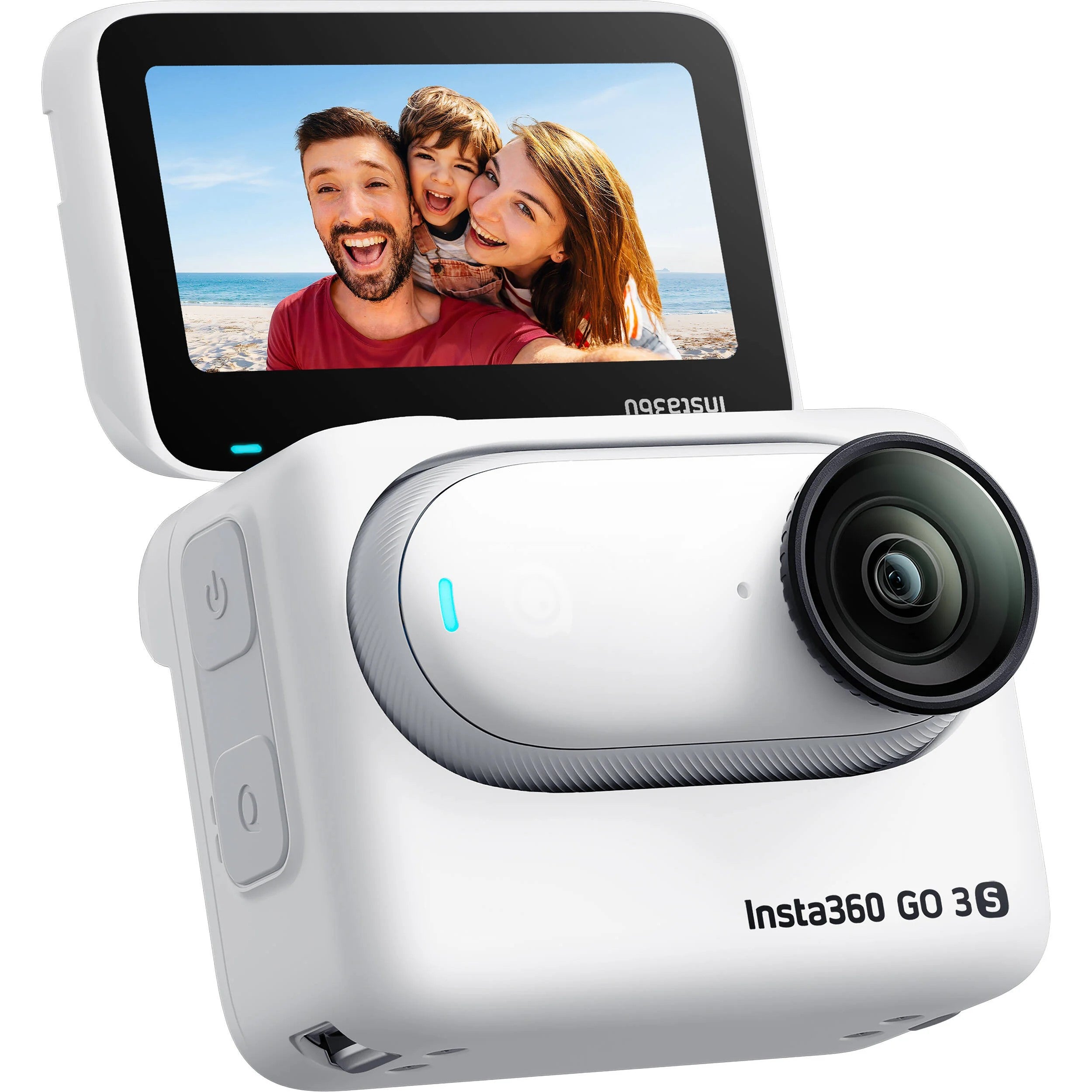 Insta360 GO 3S action camera in white with magnetic design, featuring a flip-out touchscreen Action Pod, capturing 4K video, and offering hands-free POV shooting.
