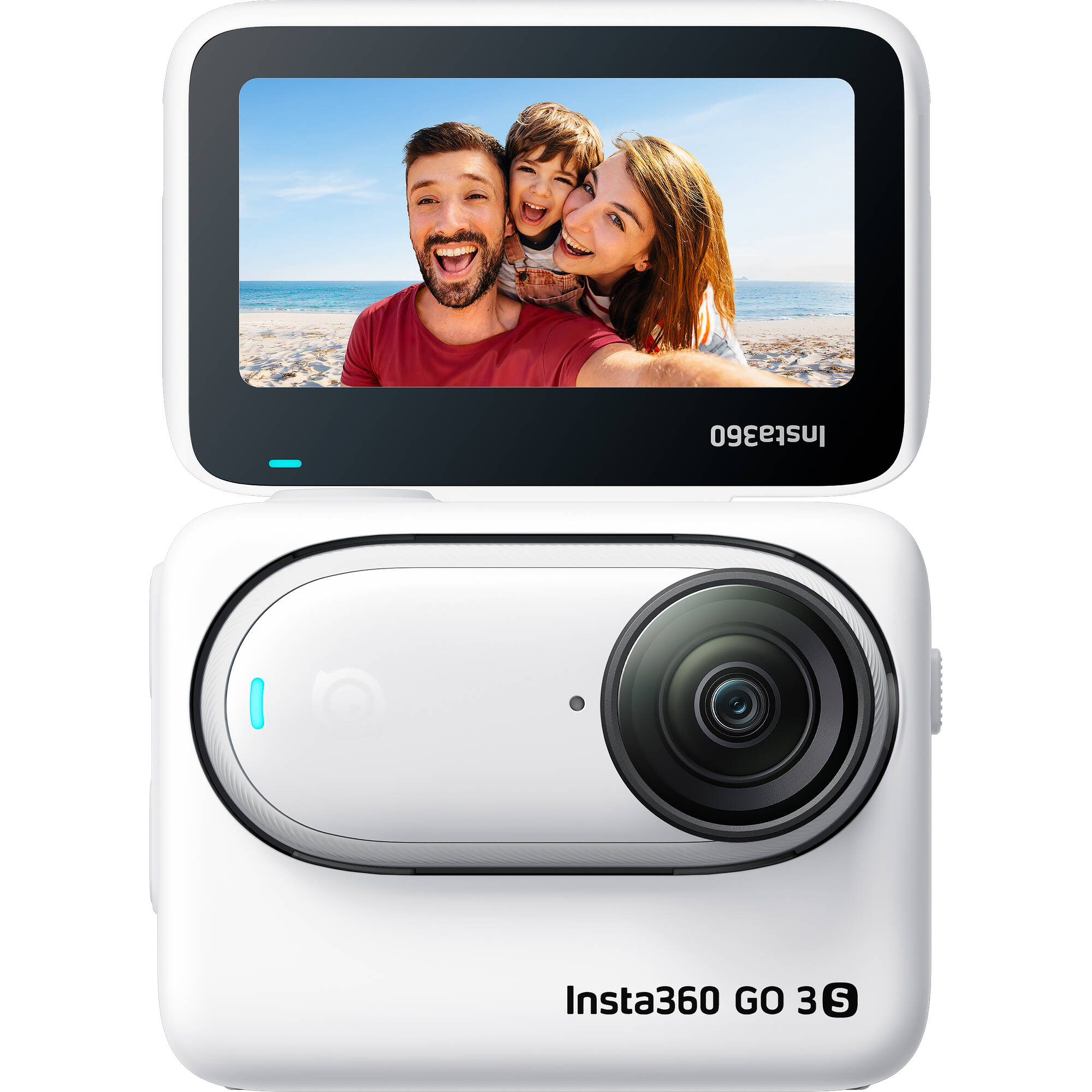 Insta360 GO 3S action camera in white with magnetic design, featuring a flip-out touchscreen Action Pod, capturing 4K video, and offering hands-free POV shooting.
