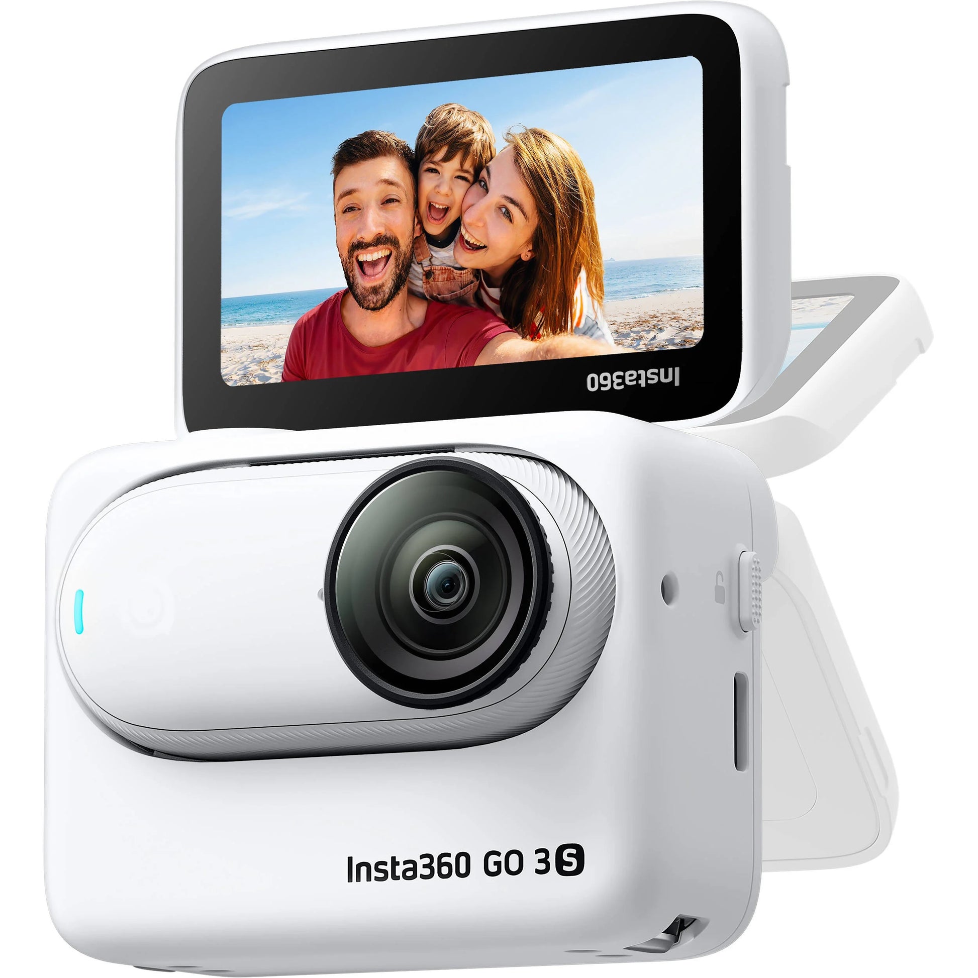 Insta360 GO 3S action camera in white with magnetic design, featuring a flip-out touchscreen Action Pod, capturing 4K video, and offering hands-free POV shooting.