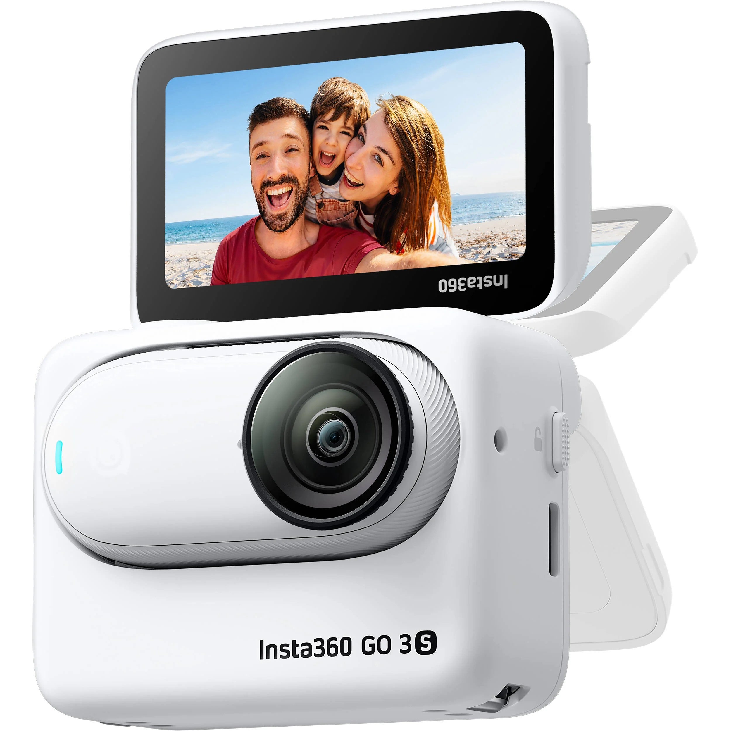 Insta360 GO 3S action camera in white with magnetic design, featuring a flip-out touchscreen Action Pod, capturing 4K video, and offering hands-free POV shooting.
