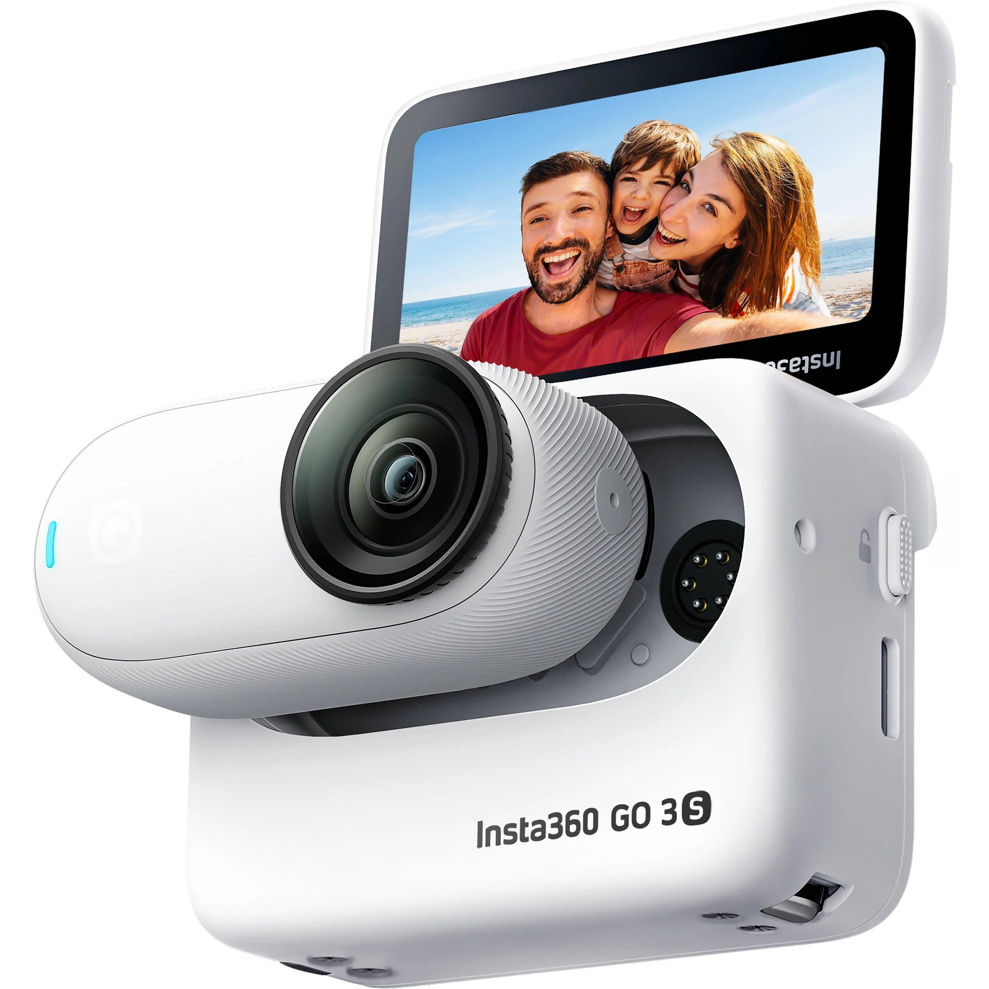 Insta360 GO 3S action camera in white with magnetic design, featuring a flip-out touchscreen Action Pod, capturing 4K video, and offering hands-free POV shooting.