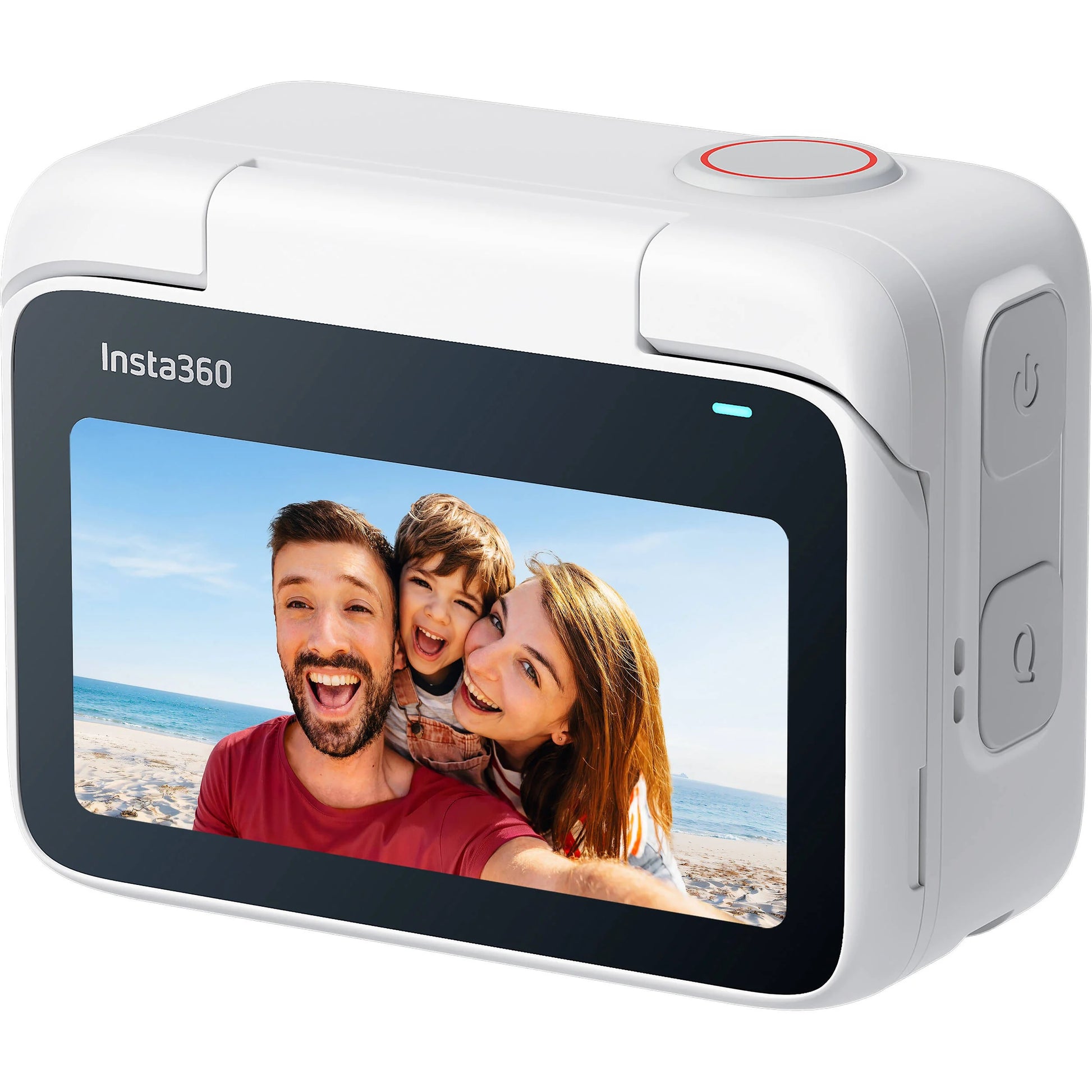 Insta360 GO 3S action camera in white with magnetic design, featuring a flip-out touchscreen Action Pod, capturing 4K video, and offering hands-free POV shooting.