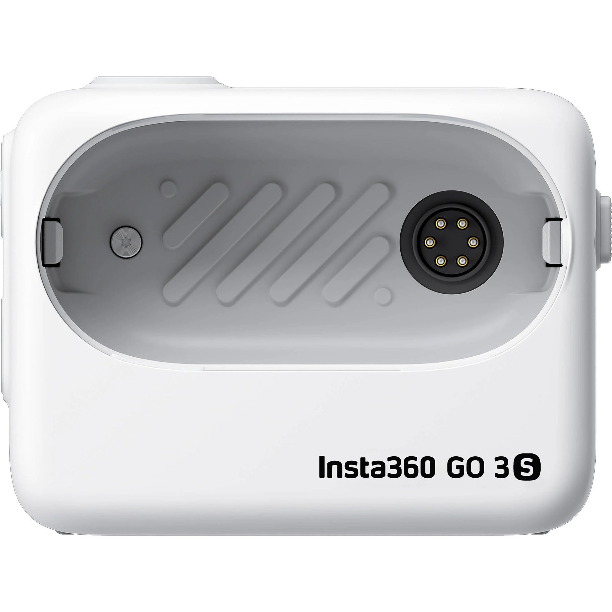 Insta360 GO 3S action camera in white with magnetic design, featuring a flip-out touchscreen Action Pod, capturing 4K video, and offering hands-free POV shooting.