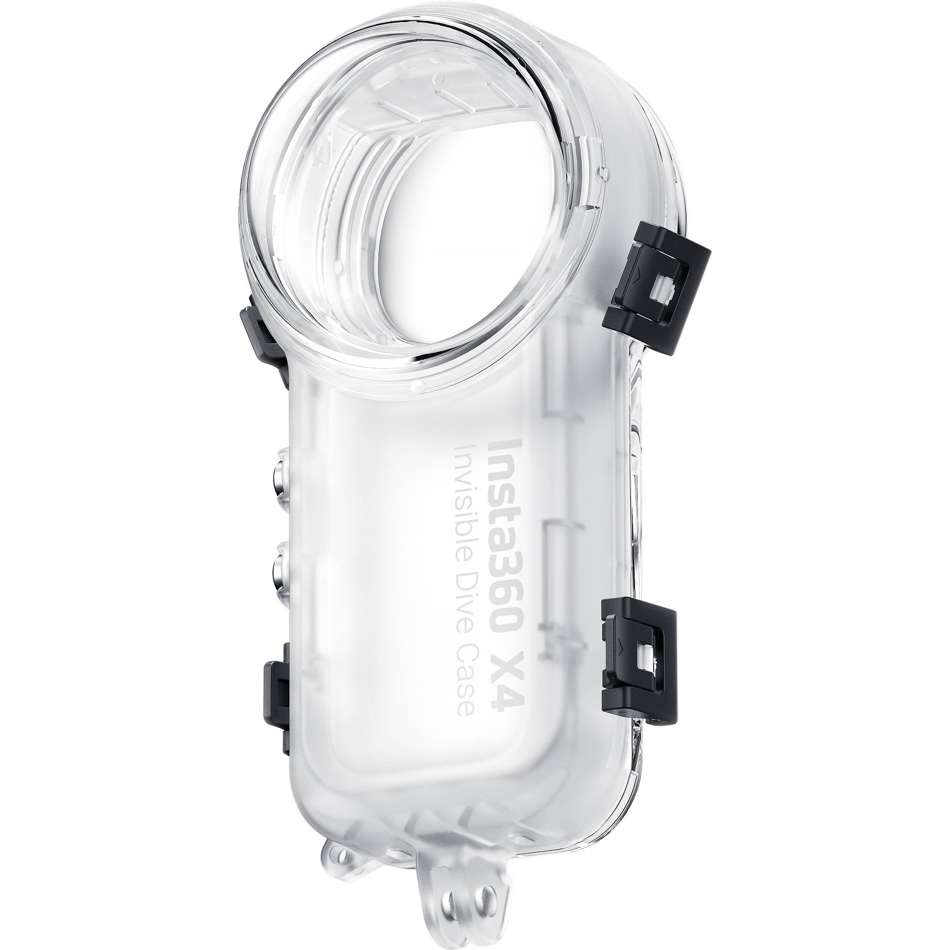 Insta360 X4 Invisible Dive Case, a transparent, waterproof housing designed for 360° underwater filming, shown with secure latches and lens dome.