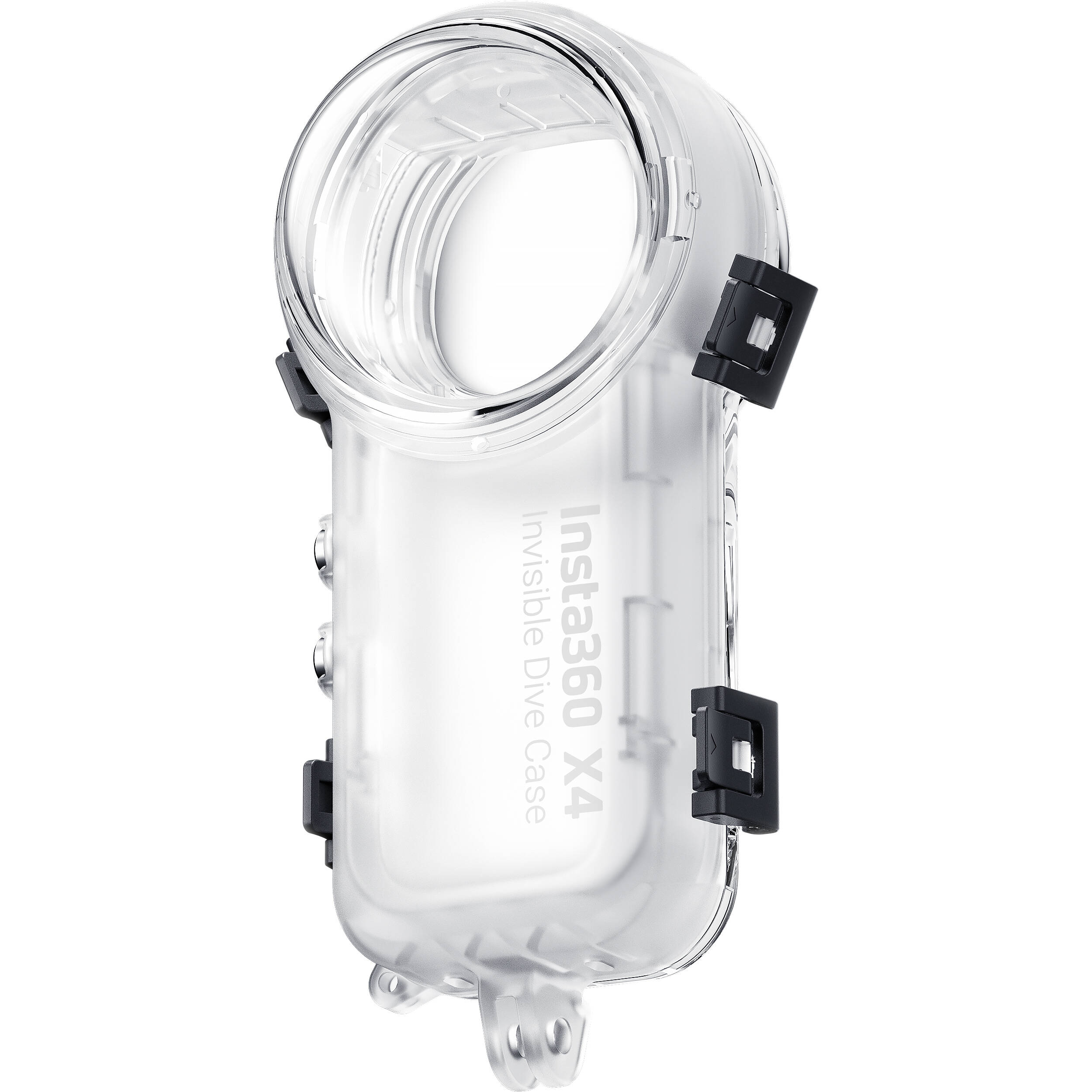 Insta360 X4 Invisible Dive Case, a transparent, waterproof housing designed for 360° underwater filming, shown with secure latches and lens dome.