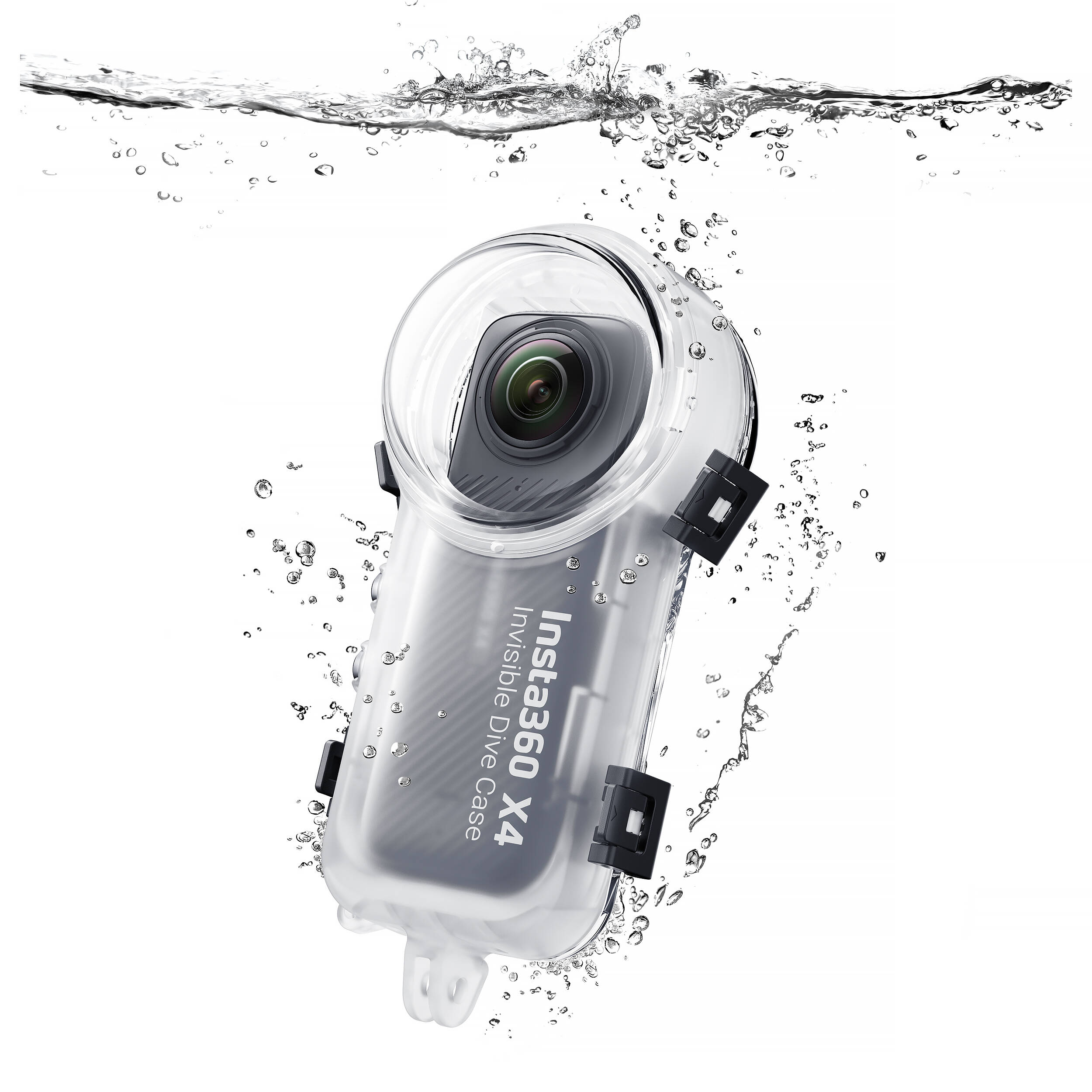 Insta360 X4 Invisible Dive Case, a transparent, waterproof housing designed for 360° underwater filming, shown with secure latches and lens dome.