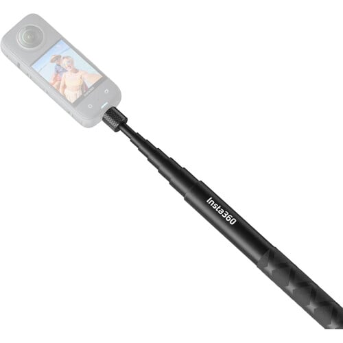 Insta360 camera with extendable selfie stick on a white background