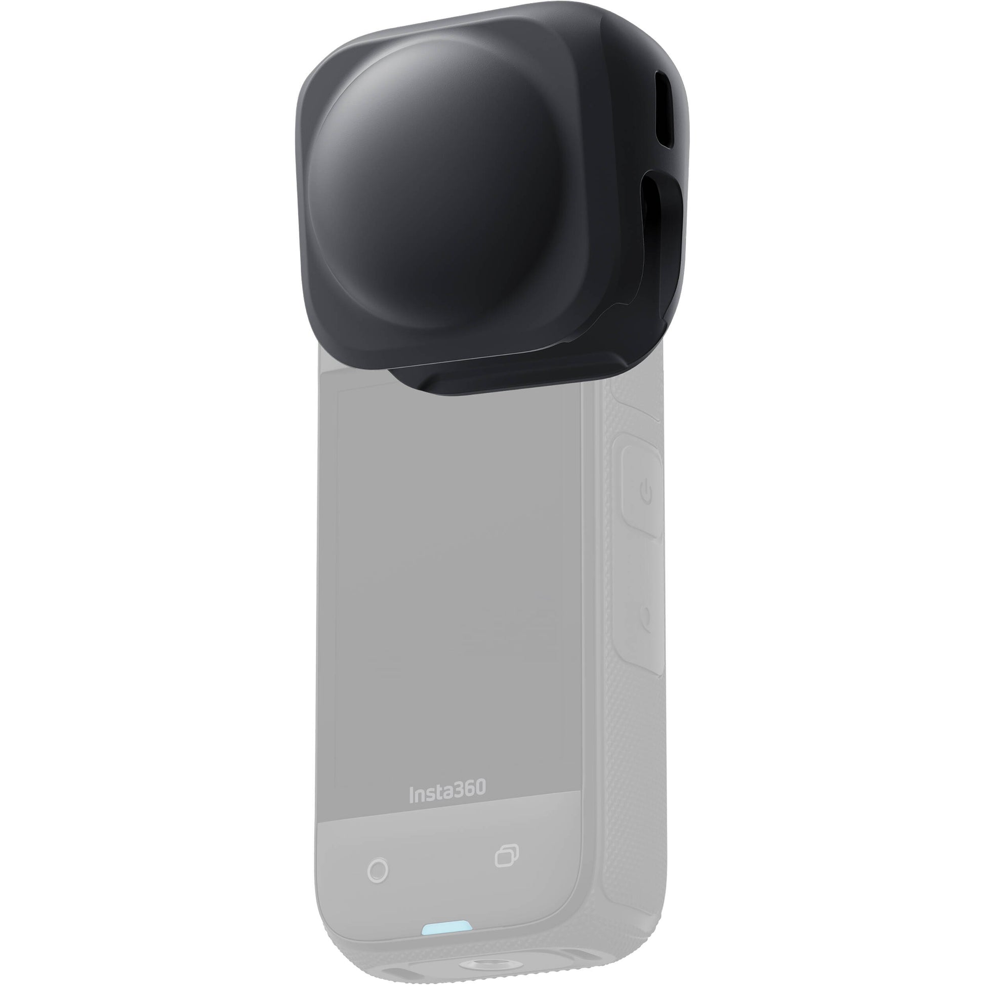 Smartphone with a black camera lens attachment on a white background