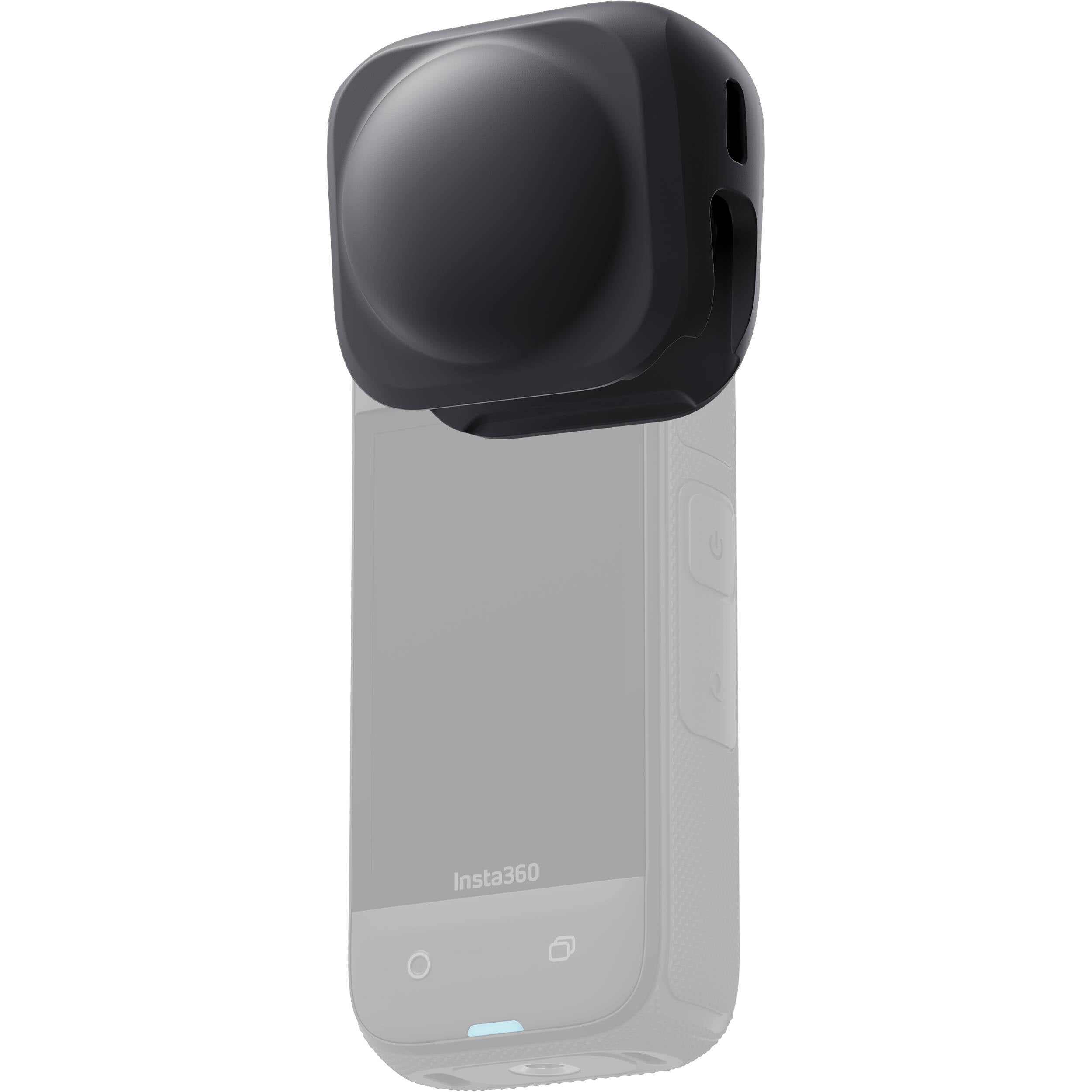 Smartphone with a black camera lens attachment on a white background