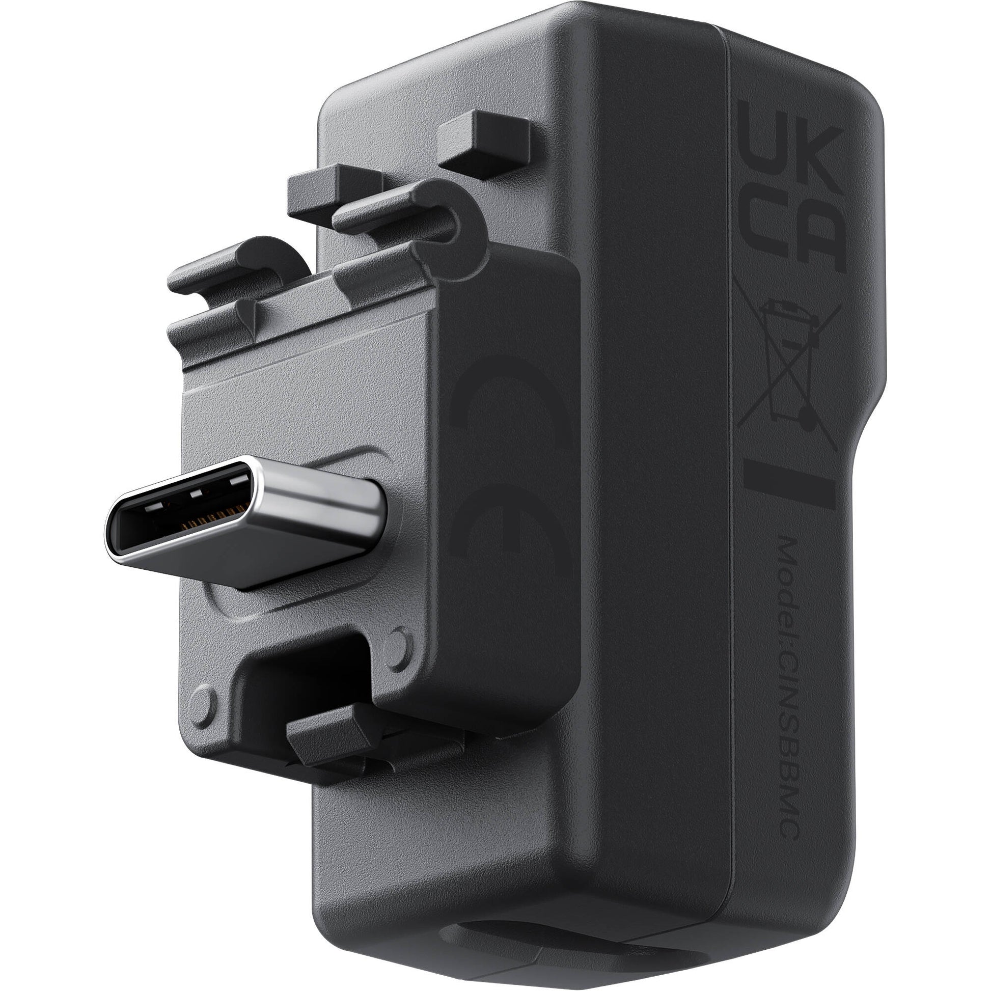 Black USB-C adapter on a white background