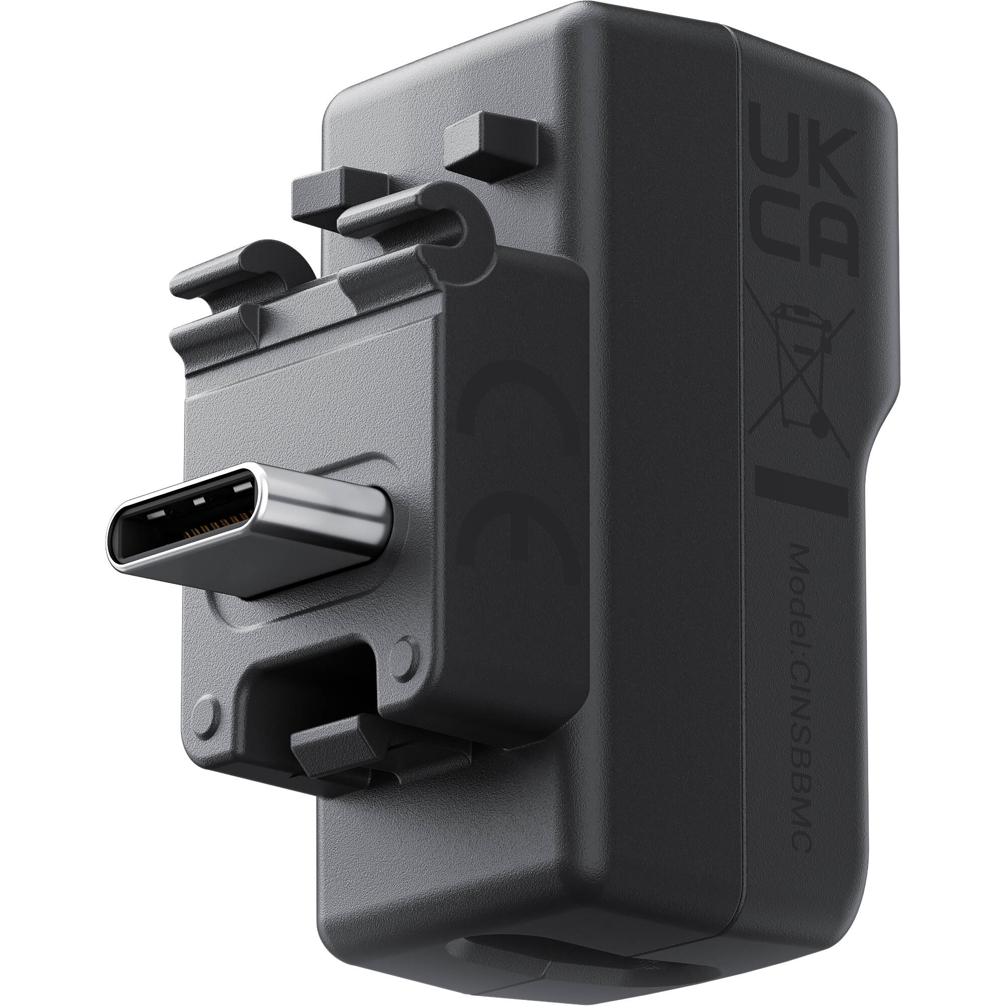 Black USB-C adapter on a white background