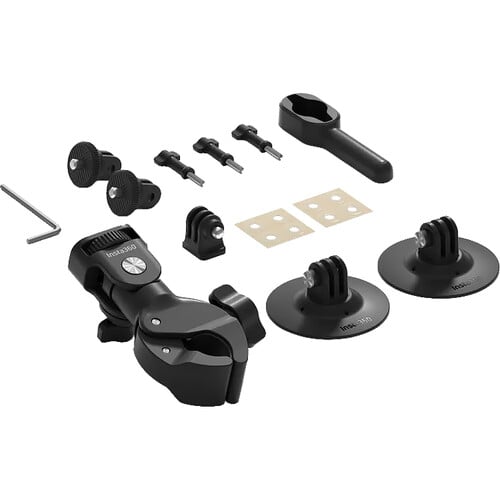 Insta360 Motorcycle Accessories Bundle with mounts for handlebars, helmets, and tail sections for dynamic riding footage.