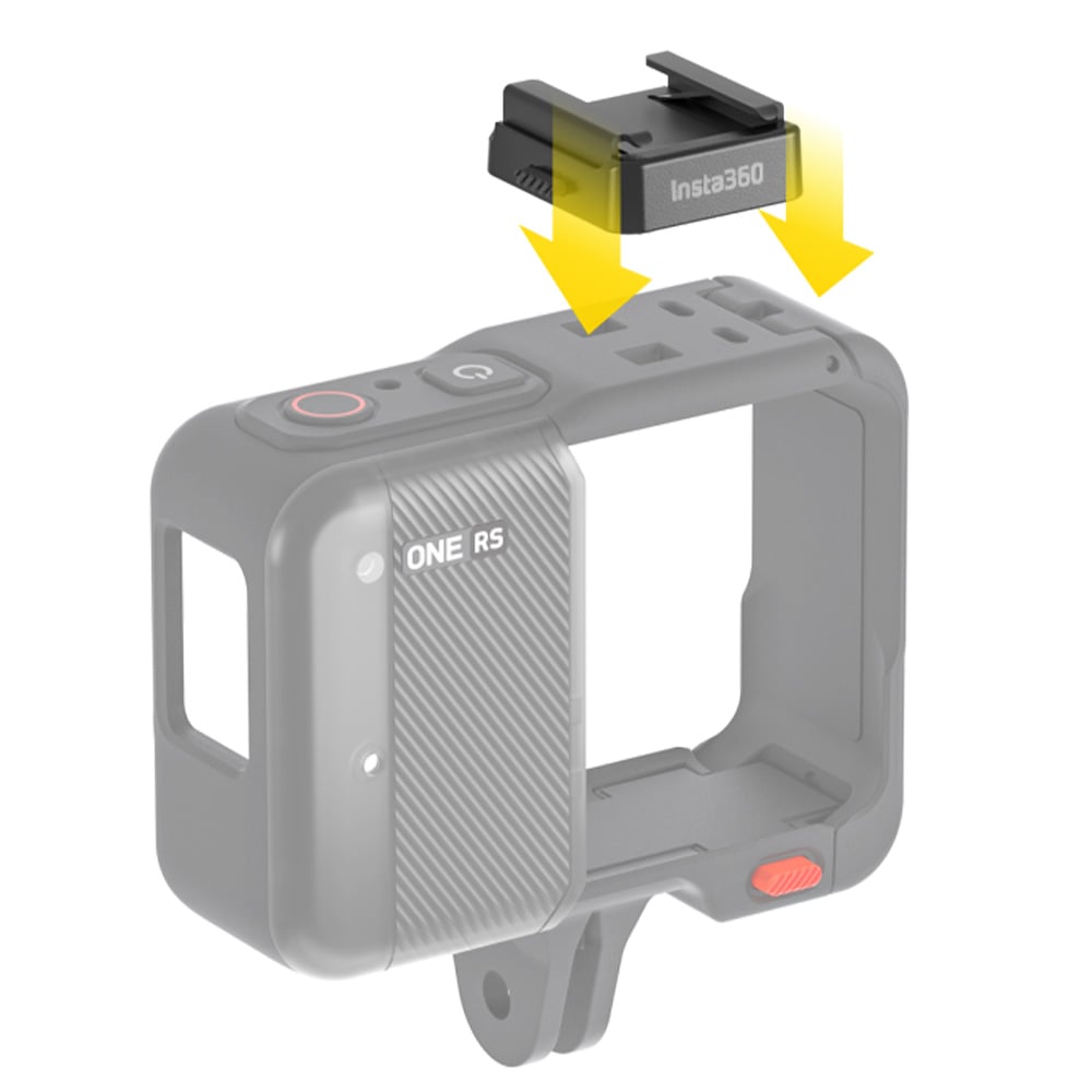 Lightweight cold shoe mount for Insta360 One RS camera with quick-release mechanism, compatible with 4K Boost, 4K Wide-Angle, and 5.3K 1-inch lenses to attach microphones, lights, and flashes