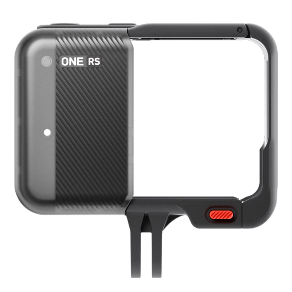 Quick-release protective mounting bracket for Insta360 One RS with heat dissipation panel, built-in microphone windshield, and side-opening for easy camera installation and removal.