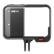 Quick-release protective mounting bracket for Insta360 One RS with heat dissipation panel, built-in microphone windshield, and side-opening for easy camera installation and removal.