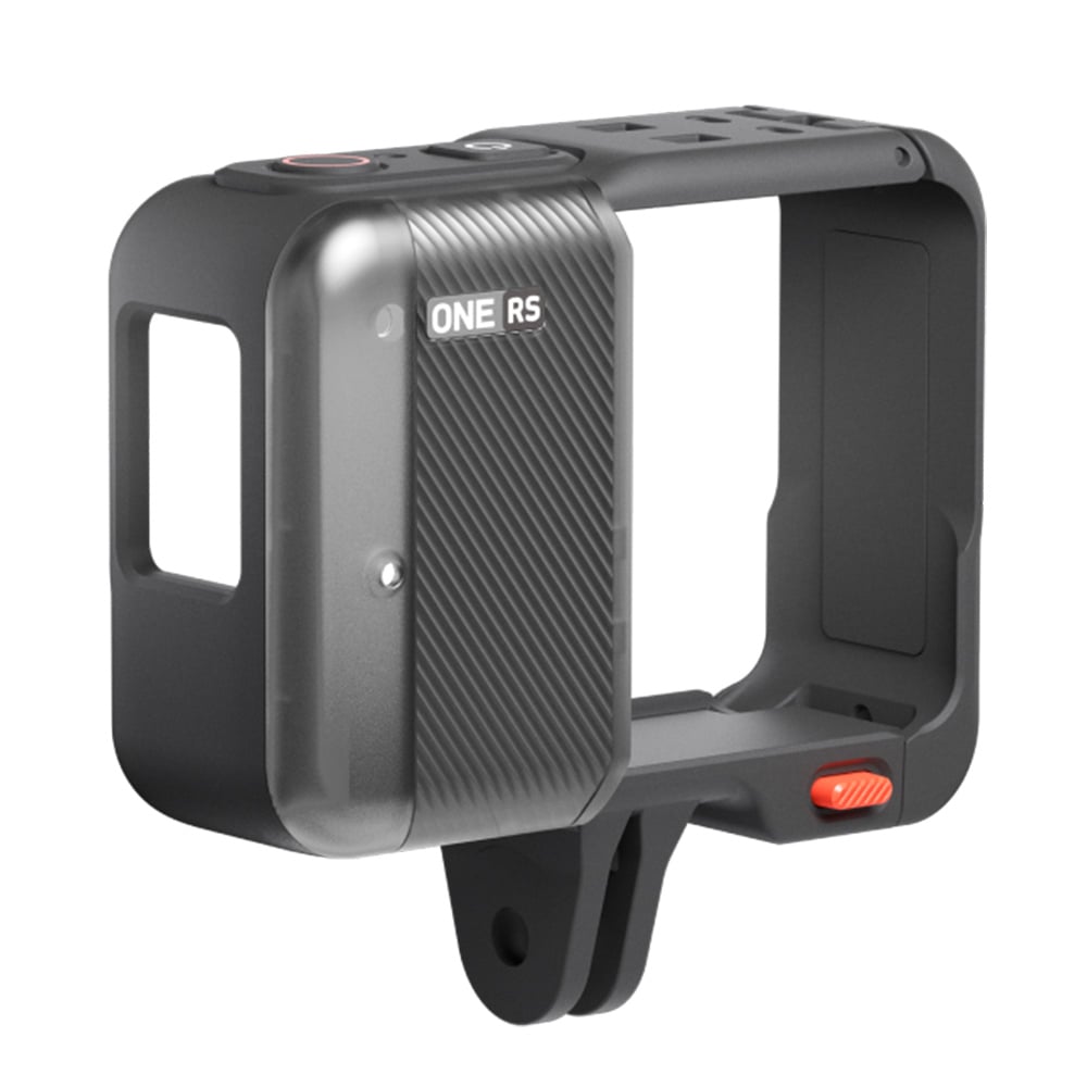 Quick-release protective mounting bracket for Insta360 One RS with heat dissipation panel, built-in microphone windshield, and side-opening for easy camera installation and removal.