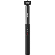 Insta360 Power Selfie Stick in black with telescoping shaft, ergonomic grip, and USB-C port for camera charging and data transfer