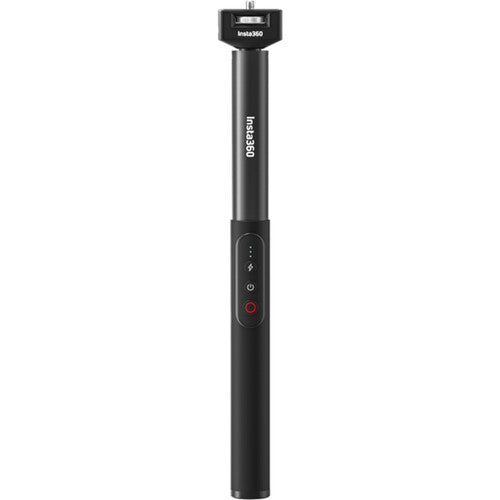 Insta360 Power Selfie Stick in black with telescoping shaft, ergonomic grip, and USB-C port for camera charging and data transfer