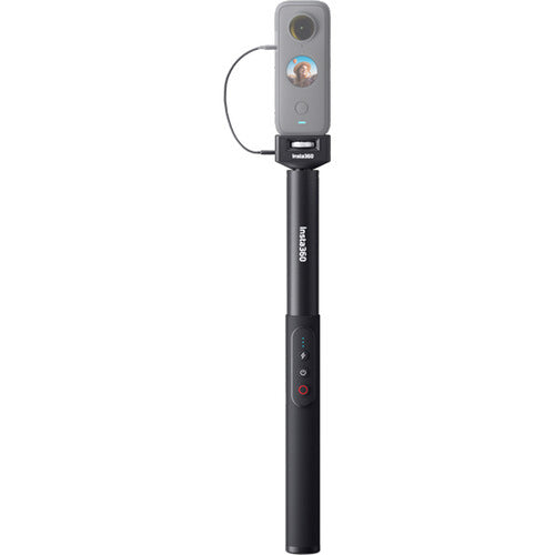 Insta360 Power Selfie Stick in black with telescoping shaft, ergonomic grip, and USB-C port for camera charging and data transfer