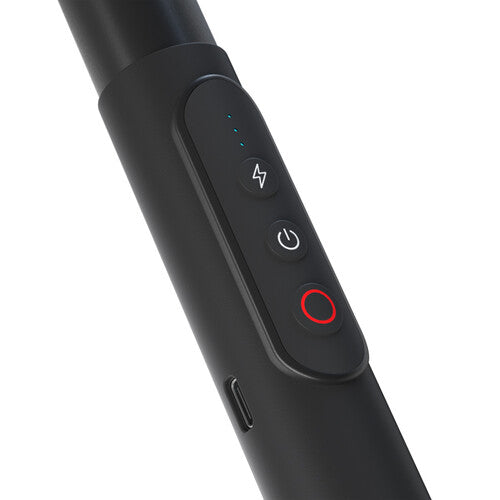 Insta360 Power Selfie Stick in black with telescoping shaft, ergonomic grip, and USB-C port for camera charging and data transfer