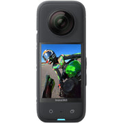 Insta360 X3 360° action camera in black, featuring dual fisheye lenses, touchscreen display, ergonomic grip, and waterproof housing.