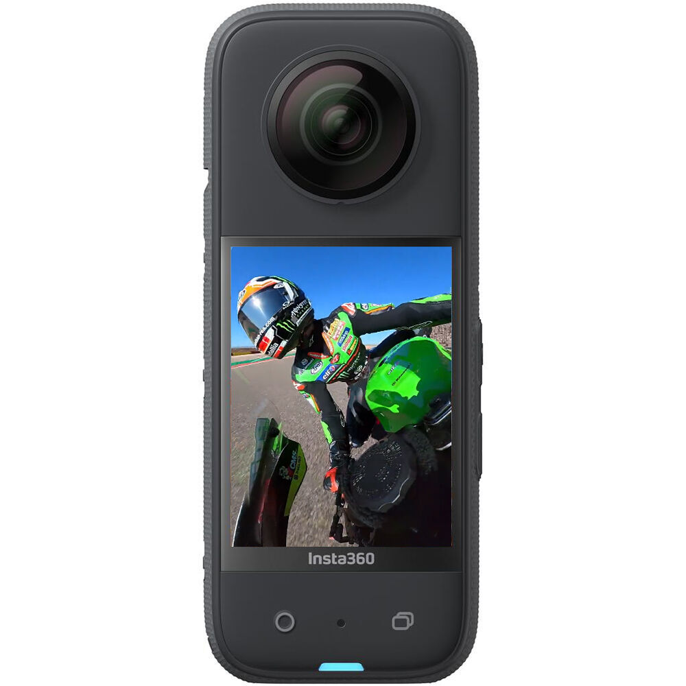 Insta360 X3 360° action camera in black, featuring dual fisheye lenses, touchscreen display, ergonomic grip, and waterproof housing.