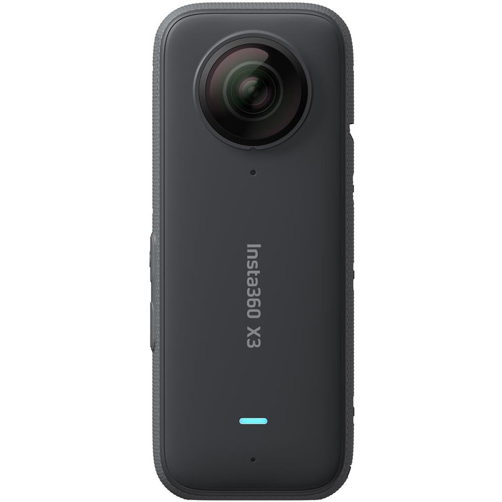 Insta360 X3 360° action camera in black, featuring dual fisheye lenses, touchscreen display, ergonomic grip, and waterproof housing.