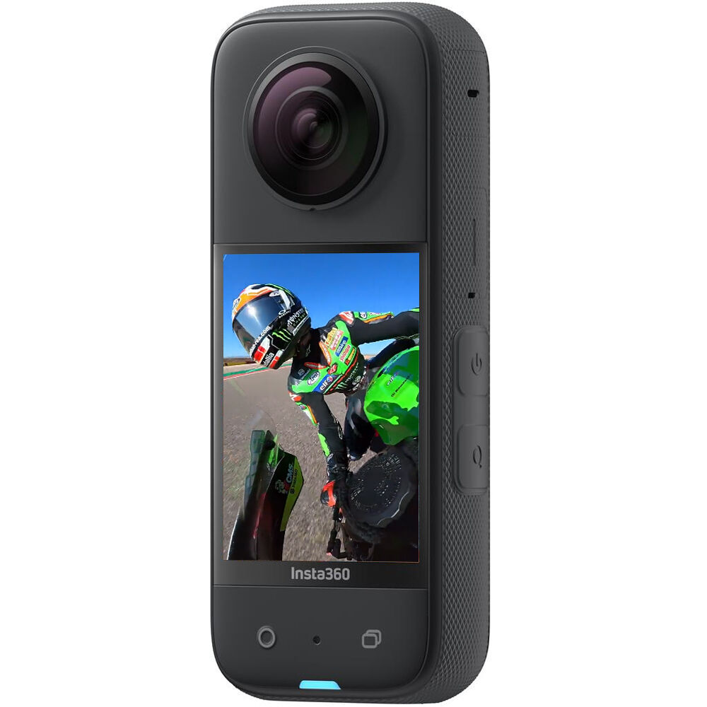 Insta360 X3 360° action camera in black, featuring dual fisheye lenses, touchscreen display, ergonomic grip, and waterproof housing.
