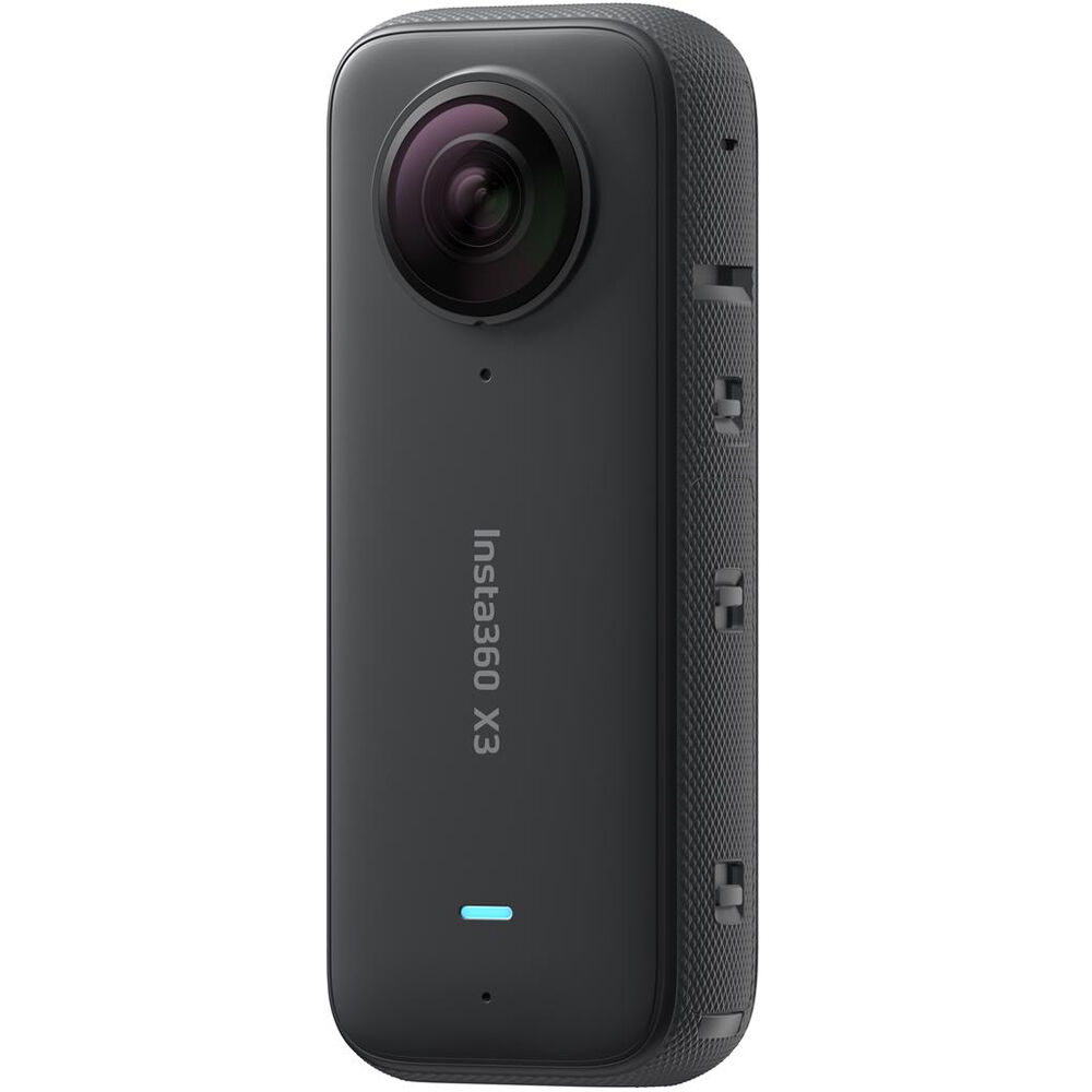 Insta360 X3 360° action camera in black, featuring dual fisheye lenses, touchscreen display, ergonomic grip, and waterproof housing.