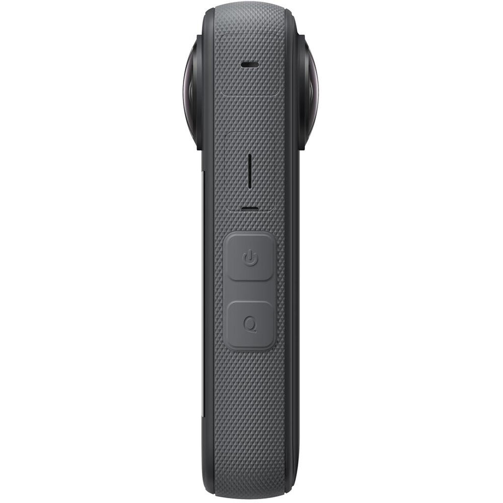 Insta360 X3 360° action camera in black, featuring dual fisheye lenses, touchscreen display, ergonomic grip, and waterproof housing.