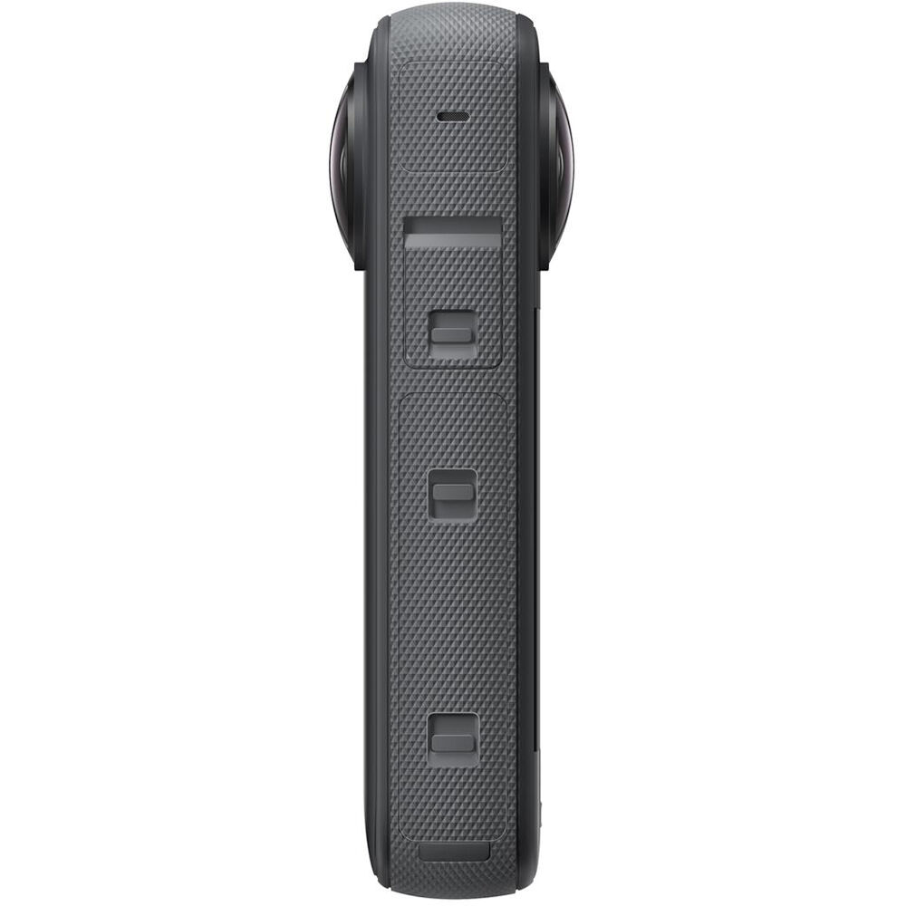 Insta360 X3 360° action camera in black, featuring dual fisheye lenses, touchscreen display, ergonomic grip, and waterproof housing.