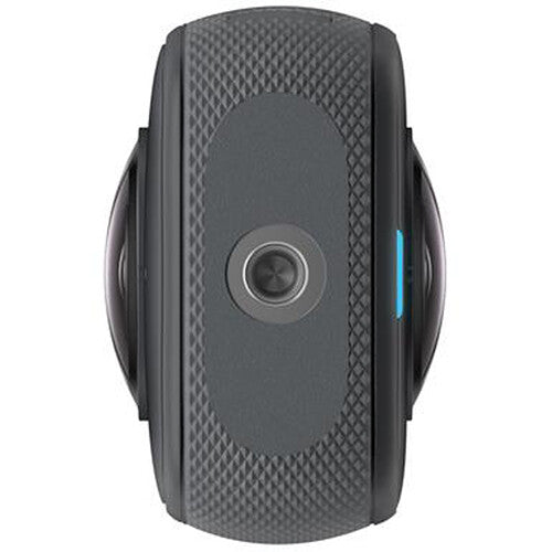 Insta360 X3 360° action camera in black, featuring dual fisheye lenses, touchscreen display, ergonomic grip, and waterproof housing.