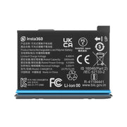Rechargeable lithium-ion battery for Insta360 X3 with 1800mAh capacity, 3.85V output, providing up to 81 minutes of recording time and 90-minute recharge time.
