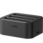 Insta360 X3 Fast Charge Hub with USB-C port, charges up to three 1800mAh batteries simultaneously in approximately 90 minutes, featuring LED status indicators and overcharge protection.