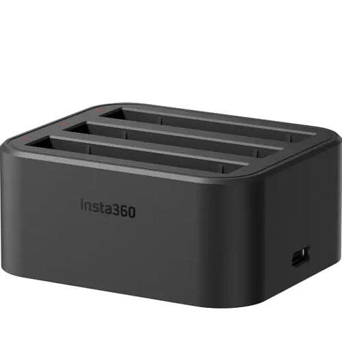 Insta360 X3 Fast Charge Hub with USB-C port, charges up to three 1800mAh batteries simultaneously in approximately 90 minutes, featuring LED status indicators and overcharge protection.