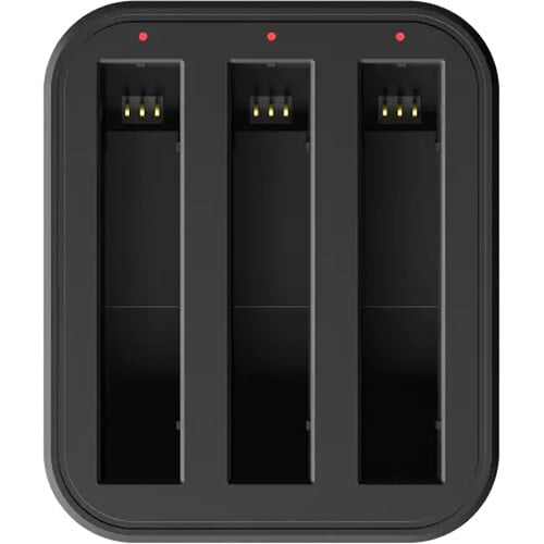 Insta360 X3 Fast Charge Hub with USB-C port, charges up to three 1800mAh batteries simultaneously in approximately 90 minutes, featuring LED status indicators and overcharge protection.