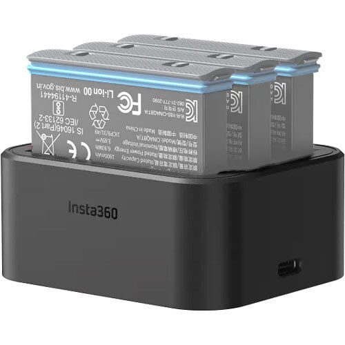 Insta360 X3 Fast Charge Hub with USB-C port, charges up to three 1800mAh batteries simultaneously in approximately 90 minutes, featuring LED status indicators and overcharge protection.