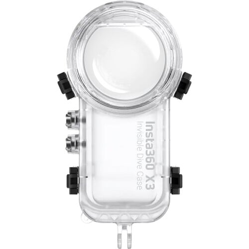 Insta360 X3 Invisible Dive Case waterproof to 50m (IPX8), with seamless 360° video capture, water refraction compensation, 2-prong mount, button access, and included anti-fog inserts.